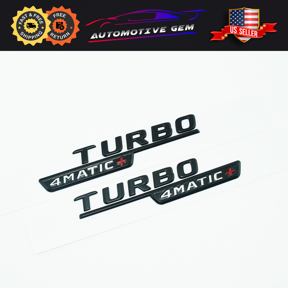 2-Pack Gloss Black 'TURBO 4MATIC+ Plus' Fender Emblem Badge For Mercedes AMG E53, GLE53, GT53 - Adhesive Mount