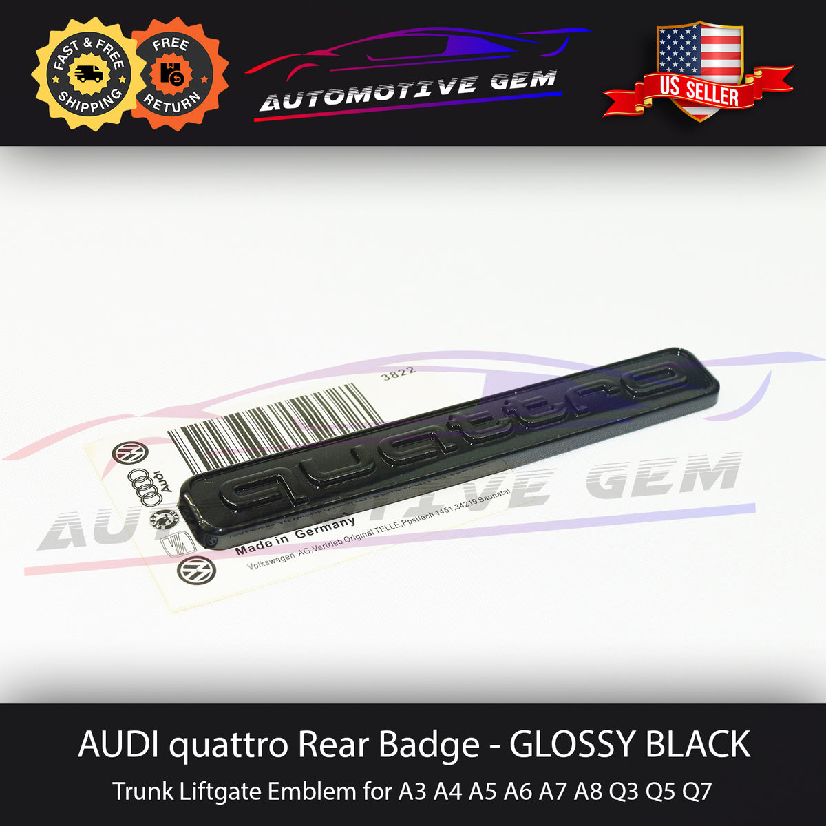 Audi Quattro Emblem Gloss Black 3D Badge Rear Trunk OEM A3 A4 A5 A6 A7 ...
