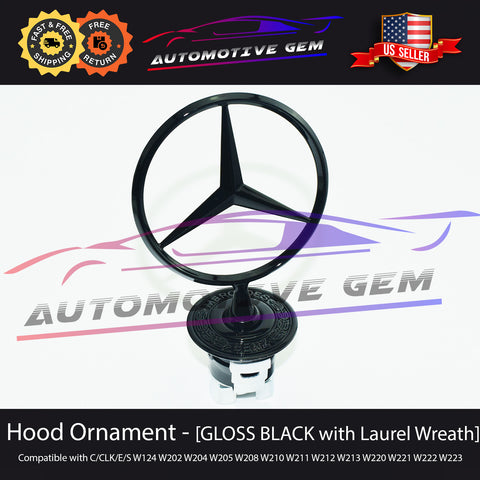 OEM Front Hood Ornament Standing Mercedes Star GLOSS BLACK Laurel Wreath Logo A2218800086 / A2228101200 / A2108800186
