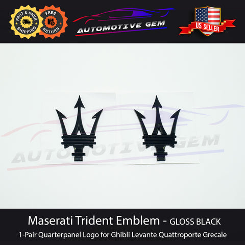 Maserati Side Logo Trident Emblem LH & RH GLOSS BLACK Quarterpanel Badge 1-Pair