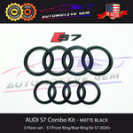 AUDI S7 Emblem GLOSS BLACK Grille Trunk Ring Rear Lid Logo Sign Badge Set 2019+